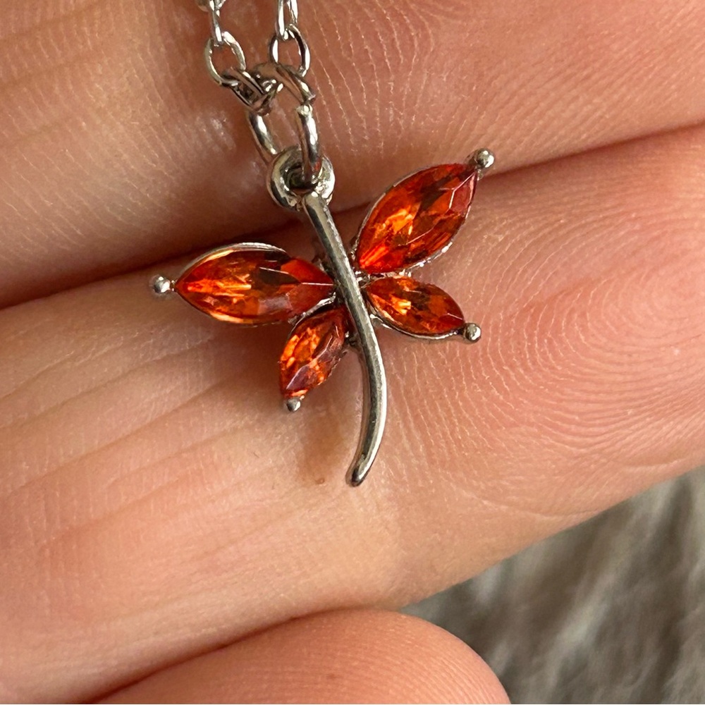 Handcrafted vintage marquis orange rhinestone butterfly charm necklace